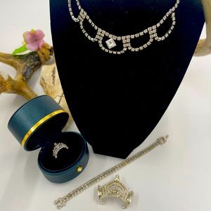 Curated Vintage Art Deco Crystal Crown Jewelry Set Incl Sterling Silver Ring